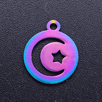 Ion Plating(IP) 201 Stainless Steel Charms, Flat Round with Moon and Star, Rainbow Color, 14x12x1mm, Hole: 1.5mm