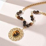 304 Stainless Steel Flat Round Pendant Round Natural Tiger Eye Beaded Chain Necklaces, Ion Plating(IP), Golden, 16.54 inch(42cm)(SA-CBA2C2A-01G)