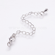 Long-Lasting Plated Brass Chain Extender, with Lobster Claw Clasps and Chain Extender Drop, Real Platinum Plated, Clasps: 9.5x5x2.5mm, Hole: 2mm, Extend Chain: 68~70mm, ring: 4x0.8~1mm(X-KK-F711-10P)