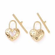 Shell Toggle Clasps, with Brass Findings, Heart Lock, Real 18K Gold Plated, Bar: 25.5x4x2mm, Hole: 1.4mm, Heart: 22.5x15x5mm(KK-E068-VC168)