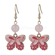 Alloy Enamel Butterfly Dangle Earrings, with Natural Rose Quartz Beads, 48x22mm(EJEW-JE05648-01)