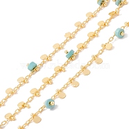 Natural Turquoise Column Beaded Chains, with Brass Paperclip Chains and Flat Round Charm, Soldered, with Spool, Lead Free & Cadmium Free, Golden, 2x1x0.5mm, 5.5x3x1mm(CHC-K012-01G-10)