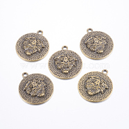 Alloy Pendants, Flat Round with Lion, Lead Free and Cadmium Free, Antique Bronze, 39x1.5mm, Hole: 3.5mm(EA11823Y-AB)