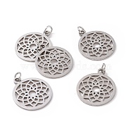 304 Stainless Steel Pendants, Chakra, Sahasrara, Flat Round with Flower, Stainless Steel Color, 22.5x19x1mm, Hole: 3mm(STAS-S105-T523S)