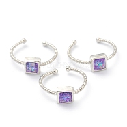 Synthetic Opal Cuff Rings, Open Rings, with Brass Findings, Square, Real Platinum Plated, Purple, US Size 5, Inner Diameter: 16mm(RJEW-B031-02P-09)