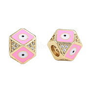 Brass Micro Pave Clear Cubic Zirconia Beads, with Enamel, Real 18K Gold Plated, Octagon with Evil Eye, Nickel Free, Pearl Pink, 11x11x8.5mm, Hole: 4mm(KK-N227-91C)