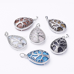 Natural & Synthetic Mixed Stone Pendants, with Brass Findings, teardrop, Platinum, 39x26x7~9mm, Hole: 5x7mm(G-E421-P)