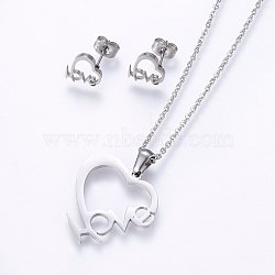 304 Stainless Steel Jewelry Sets, Stud Earrings and Pendant Necklaces, Heart with Word Love, For Valentine's Day, Stainless Steel Color, Necklace: 17.7 inch(45cm), Stud Earrings: 9.5x9.5x1.2mm, Pin: 0.8mm(SJEW-O090-23P)