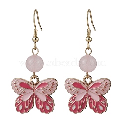 Alloy Enamel Butterfly Dangle Earrings, with Natural Rose Quartz Beads, 48x22mm(EJEW-JE05648-01)