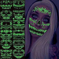 12Pcs 12 Style Luminous Halloween Horror Removable Temporary Tattoos Paper Face Stickers, Glow in the Dark, Rectangle, Black, 16x13.5x0.03cm, 12 style, 1pc/style, 12pcs/set(AJEW-G048-07)
