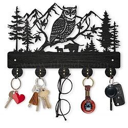 Wood & Iron Wall Mounted Hook Hangers, Decorative Organizer Rack, with 2Pcs Screws, 5 Hooks for Bag Clothes Key Scarf Hanging Holder, Owl, 200x300x7mm.(HJEW-WH0055-024)