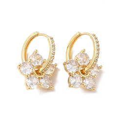 Flower Shape Clear Cubic Zirconia Hoop Earrings, Rack Plating Brass Dangle Earring for Women, Long-Lasting Plated, Lead Free & Cadmium Free, Real 18K Gold Plated, 24mm, Pin: 0.8mm(EJEW-F310-03G)