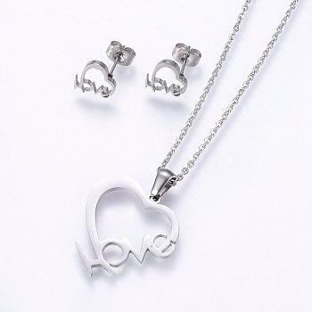 304 Stainless Steel Jewelry Sets, Stud Earrings and Pendant Necklaces, Heart with Word Love, For Valentine's Day, Stainless Steel Color, Necklace: 17.7 inch(45cm), Stud Earrings: 9.5x9.5x1.2mm, Pin: 0.8mm