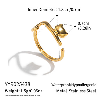 304 Stainless Steel Cuff Open Rings for Women, Real 18K Gold Plated, PVD Vacuum Plating, Cat Shape, 7mm, US Size 7 1/4(17.5mm)