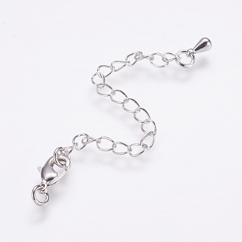 Long-Lasting Plated Brass Chain Extender, with Lobster Claw Clasps and Chain Extender Drop, Real Platinum Plated, Clasps: 9.5x5x2.5mm, Hole: 2mm, Extend Chain: 68~70mm, ring: 4x0.8~1mm