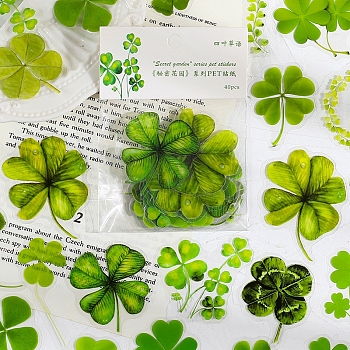 40Pcs Saint Patrick's Day PET Waterproof Stickers, Self-adhesive Decals, for DIY Scrapbooking, Clover, Bag: 110x85mm