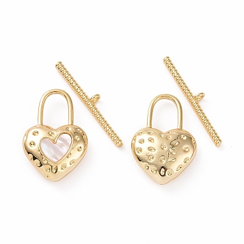 Shell Toggle Clasps, with Brass Findings, Heart Lock, Real 18K Gold Plated, Bar: 25.5x4x2mm, Hole: 1.4mm, Heart: 22.5x15x5mm