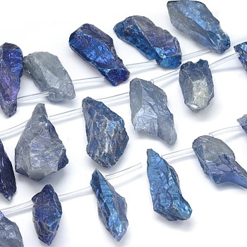 Electroplated Natural Quartz Crystal Nuggets Bead Strands, Blue Plated, 24~62x9~24x9~25mm, Hole: 1mm, about 13~17pcs/strand, 14.9~15.7 inch
