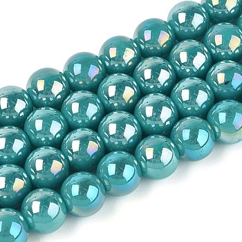 Electroplate Opaque Glass Beads Strands, Round, AB Color Plated, Dark Cyan, 9.5~10mm, Hole: 1.2mm, about 39~41pcs/strand, 14.57~15.75 inch(37~40cm)