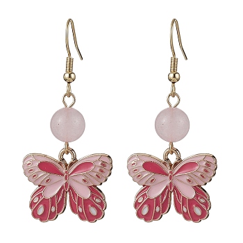 Alloy Enamel Butterfly Dangle Earrings, with Natural Rose Quartz Beads, 48x22mm