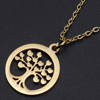 201 Stainless Steel Pendant Necklaces, with Cable Chains and Lobster Claw Clasps, Ring with Tree, Golden, 17.7 inch(45cm), 1.5mm