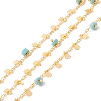 Natural Turquoise Column Beaded Chains, with Brass Paperclip Chains and Flat Round Charm, Soldered, with Spool, Lead Free & Cadmium Free, Golden, 2x1x0.5mm, 5.5x3x1mm