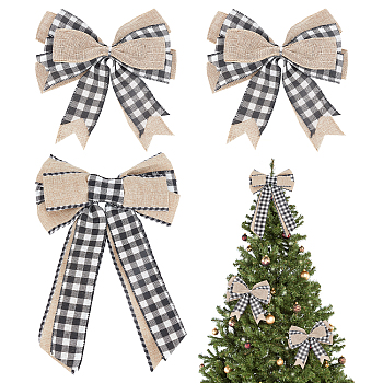 AHADEMAKER 3Pcs 2 Style Tartan Pattern Linen Type Cloth Bowknot Display Decoration, with Iron Twist Tie, Christmas Theme, White, 230~375x220~240x24~37.5mm