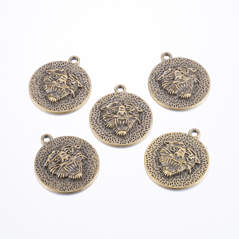 Alloy Pendants, Flat Round with Lion, Lead Free and Cadmium Free, Antique Bronze, 39x1.5mm, Hole: 3.5mm