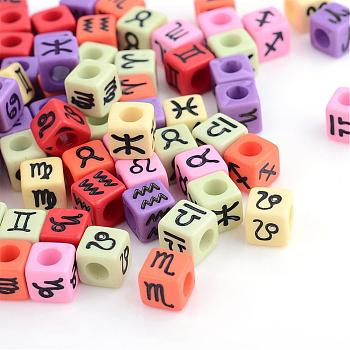 Constellation/Zodiac Sign Opaque Acrylic European Beads, Large Hole Cube Beads, Mixed Color, 7x7x7mm, Hole: 4mm, about 1900pcs/500g