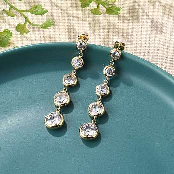 304 Stainless Steel Clear Cubic Zirconia Tassel Stud Earrings, Real 18K Gold Plated, Round, 46.5x9mm