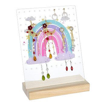 Acrylic & Wood Earring Displays, Rectangle with Rainbow Pattern, Colorful, 20.2x8x25.8cm