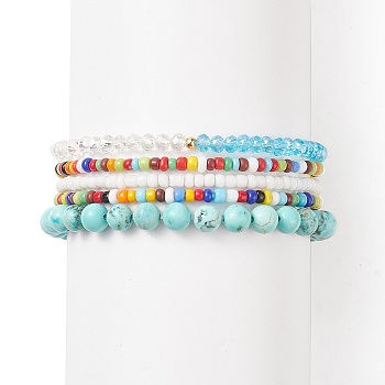 Faceted Glass & Synthetic Turquoise(Dyed) Stretch Beaded Bracelets Sets, Bohemia Seed Beads Bracelets for Women, Inner Diameter: 2-1/8~2-1/4 inch(5.3~5.8cm), 5pcs/set