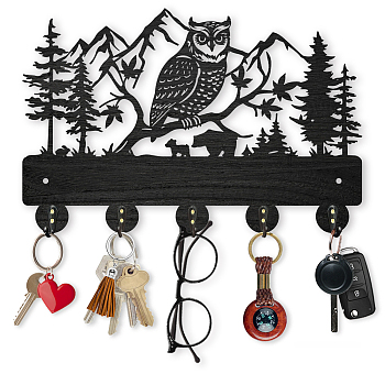 Wood & Iron Wall Mounted Hook Hangers, Decorative Organizer Rack, with 2Pcs Screws, 5 Hooks for Bag Clothes Key Scarf Hanging Holder, Owl, 200x300x7mm.