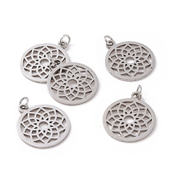 304 Stainless Steel Pendants, Chakra, Sahasrara, Flat Round with Flower, Stainless Steel Color, 22.5x19x1mm, Hole: 3mm