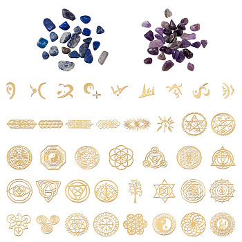 Pandahall Self Adhesive Brass Stickers, Scrapbooking Stickers, for Epoxy Resin Crafts, with Natural Gemstone Chip Beads, Mixed Patterns