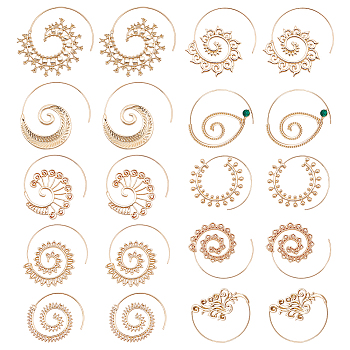 9 pairs 9 style Spiral Vortex & Lotus & Leaf & Sunflower Alloy Dangle Earrings for Women, Light Gold, 40~54.5x35.5~56x1.5~3.5mm, Pin: 0.5~0.8mm, 1 Pair/style