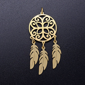 201 Stainless Steel Pendants, with Jump Jings, Woven Net/Web with Feather, Golden, 46x20x1mm, Hole: 3mm, Ring: 5x0.8mm