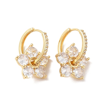 Flower Shape Clear Cubic Zirconia Hoop Earrings, Rack Plating Brass Dangle Earring for Women, Long-Lasting Plated, Lead Free & Cadmium Free, Real 18K Gold Plated, 24mm, Pin: 0.8mm