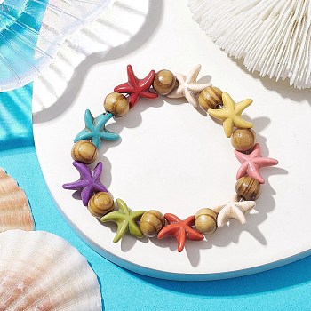 Beach Starfish Dyed Synthetic Turquoise Stretch Bracelets, Summer Wood Beaded Kid Bracelets for Girls, Colorful, Inner Diameter: 1-3/4 inch(4.32~4.55cm), Bead: 7x8~8.5mm, Starfish: 14x14mm