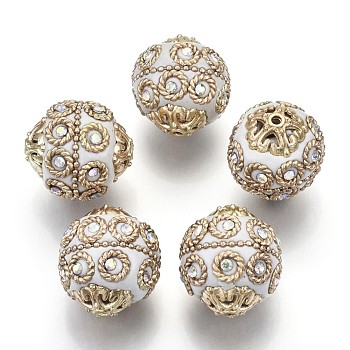 Handmade Indonesia Beads, with Metal Findings, Light Gold Color Plated, Round, White, 20~21x19~20mm, Hole: 1.5mm