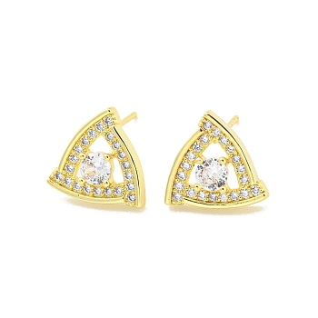 Hollow Triangle Brass Micro Pave Cubic Zirconia Stud Earrings, Long-Lasting Plated, Cadmium Free & Lead Free, Real 18K Gold Plated, 12x12.5mm