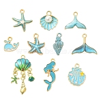 20Pcs 10 Styles Ocean Theme Alloy with Enamel Pendants, Golden, Mixed Shapes, 15~35.5x7.5~20x1.1~7mm, Hole: 1~2.5mm(FIND-YW0012-73)