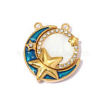 304 Stainless Steel Enamel Pendants, Hand Polished Moon & Star Charm, with Shell & Rhinestone, Real 18K Gold Plated, Ion Plating(IP), Long-Lasting Plated, Blue, 18x17mm,Hole:1.20mm(STAS-OY014-65G)