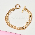 304 Stainless Steel Curb & Cable Chain Double Layer Bracelets for Women, Ion Plating(IP), with Toggle Clasps, Real 18K Gold Plated, 7.95 inch(20.2cm)(BJEW-G779-05G)