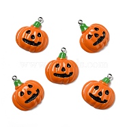 Halloween Opaque Resin Pendants, with Platinum Tone Iron Loops, Pumpkin with Evil Face, Dark Orange, 30x26x6.5mm, Hole: 2mm(RESI-D055-099P)