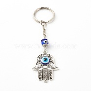 Alloy Enamel Keychain, with Lampwork Round Beads and Iron Split Key Rings, Hamsa Hand with Evil Eye, Blue, Antique Silver, 10.7cm(KEYC-JKC00249-02)