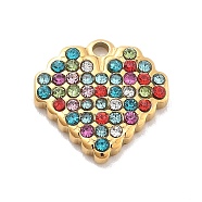 304 Stainless Steel Rhinestone Charms, Heart, Ion Plating(IP), Real 14K Gold Plated, Colorful, 11.5x11.5x2mm, Hole: 1mm(STAS-M092-06G-06)