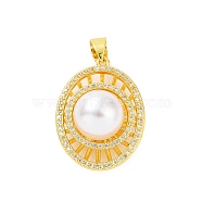 Eco-friendly Rack Plating Brass Micro Pave Cubic Zirconia Pendants, with ABS Platic Imitation Pearls, Cadmium Free & Lead Free, Long-Lasting Plated, Oval Eye Charm, Real 18K Gold Plated, 28x20.5x13mm, Hole: 4x5.5mm(KK-F843-15G)