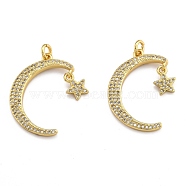 Brass Micro Pave Clear Cubic Zirconia Pendants, Long-Lasting Plated, Moon and Star, Real 18K Gold Plated, 26x16.5x1.5mm, Hole: 2mm, jump ring: 4.5x1.25mm(ZIRC-J025-23G)