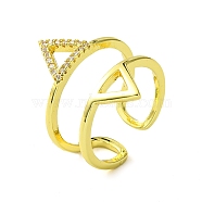 Brass Micro Pave Cubic Zirconia Open Cuff Ring, Hollow Triangle, Real 16K Gold Plated, Inner Diameter: 18mm(RJEW-K256-09G)